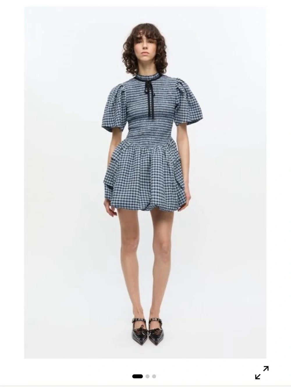 Ganni Blue Gingham Puff-Sleeve Mini Dress